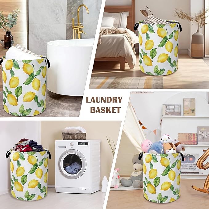 Lemon Laundry Basket,Leaves Collapsible Laundry Baskets with Handles,Waterproof Oxford Cloth Storage Basket 16"x20" for Bathroom/Bedroom/Dormitories