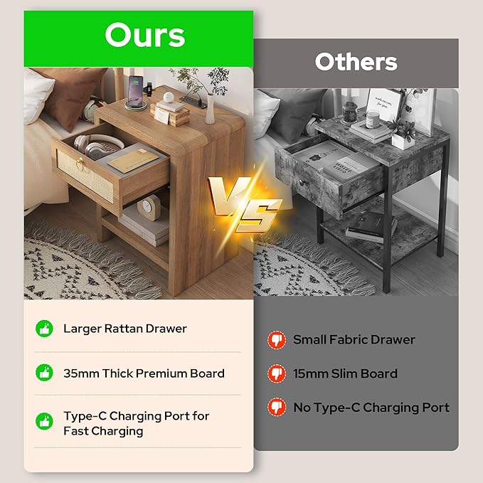 Rattan Nightstand Set of 2, Nightstand with Charging Station, Boho Bedside Table End Table with Drawer and Storage Shelf, Wood End Table Night Stand for Bedroom, Small Space, Natural Oak
