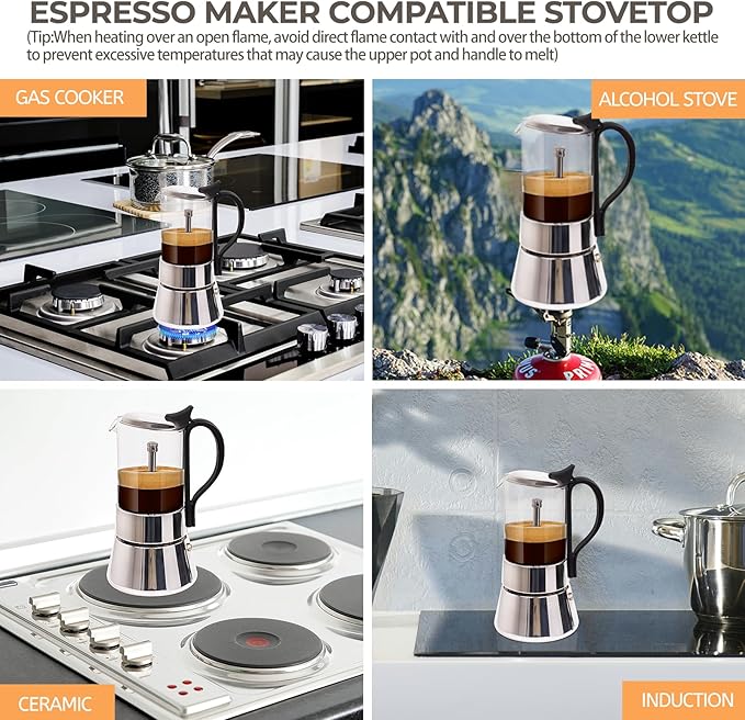 Clear Glass Moka Pot 6 Cup 350ml Stainless Steel Coffee Maker Uncoated Stovetop Espresso Percolator Coffeemaker Italian Classic Style Brewing Greca Cafe Mocha Machine for Cafeteras Camping Travel Home