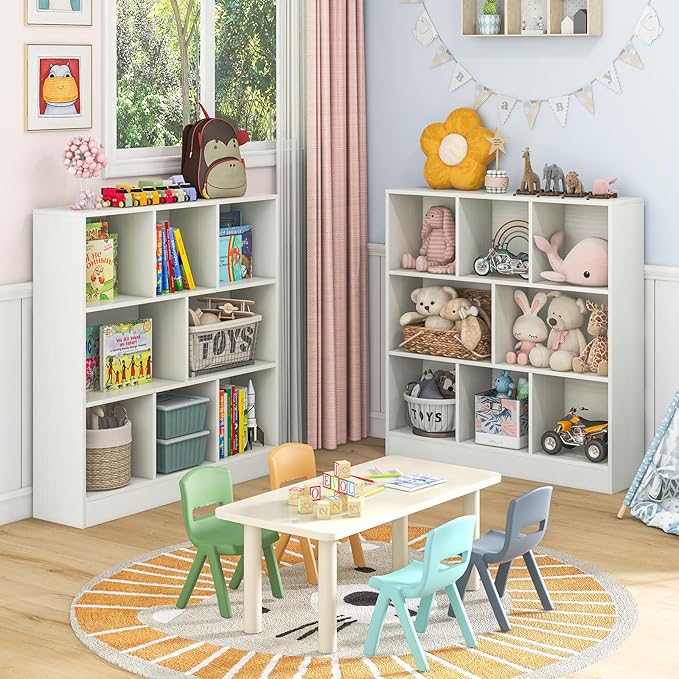 Costzon Wooden Toy Storage Organizer, 8-Cube Kids Bookshelf w/ 2 Anti-Toppling Kits, 3 Tier Open Shelves & Non-Slip Foot Pads, Book Shelf for Kids Rooms, Playroom, Classroom, Nursery (White)