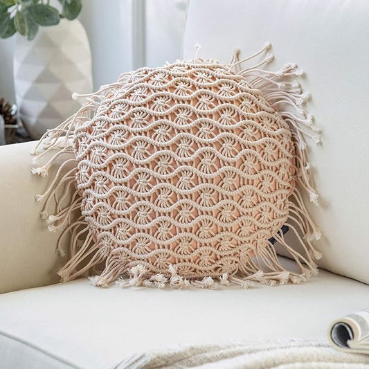 Phantoscope 100% Cotton Handmade Crochet Woven Boho Throw Pillow with Tassel Cute Farmhouse Pillow Insert Included Lumbar Small Decorative Cushion for Couch Sofa, Pink,16 inches Round