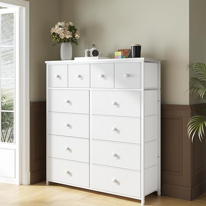 Dresser for Bedroom with 12 Drawers Tall Dressers for Bedroom Fabric Dressers & Chest of Drawers with Sturdy Metal Frame, Wood Top, for Woman, Closet, 40.6" W x 11.8" D x 44.5" H (White)