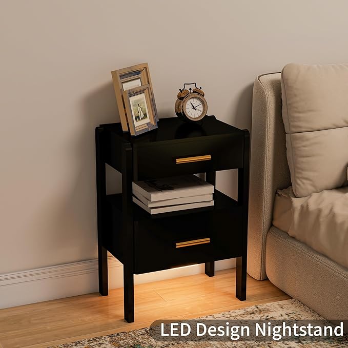 Nightstand with 2 Drawers and Open Shelf Wood Bedside Table Gold Handles Storage Night Stand with Light for Bedroom, Black