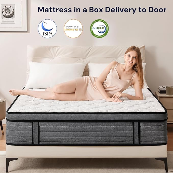 VKT 10 Inch Queen Hybrid Mattress - Medium Firm Feel Back Support, Mattress in a Box with Individual Pocket Springs, Cooling Memory Foam for Pressure Relief with CertiPUR-US Certified