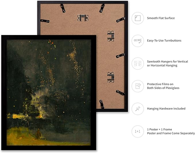 Poster Master Vintage Nocturne in Black and Gold Painting Poster - Retro The Falling Rocket Print - Abstract Art - Moody Art - Landscape Art - Office or Living Room Decor, 16x20 Black Framed