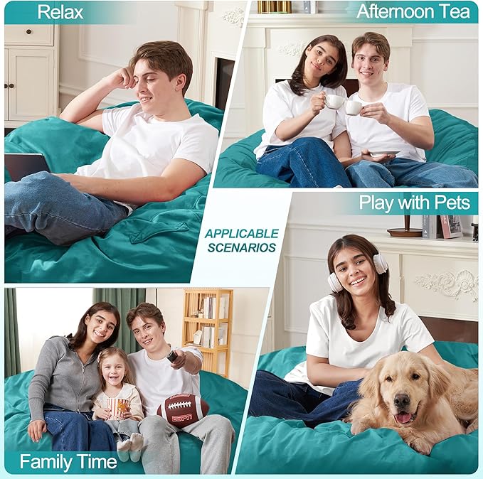 Homguava 6 FT Bean Bag Chair: 6' Bean Bags with Memory Foam Filled, Large Beanbag Chairs Soft Sofa with Dutch Velvet Cover-Sea Blue
