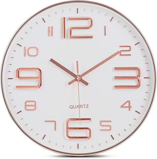 Bernhard Products Rose Gold Wall Clock 12 Inch Silent Non-Ticking Quality Quartz Battery Operated Easy to Read Decorative Modern Design for Home/Office/Kitchen/Bedroom/Living Room (Rose Gold & White)