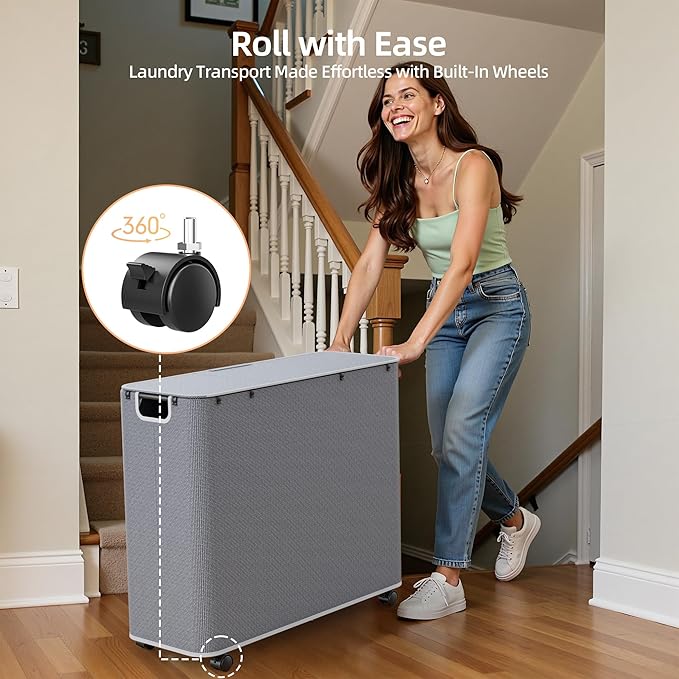 Yecaye 180L Laundry Basket With Lid and Removable 3 Bags, Large Rolling Laundry Hamper with Lid, 3 Section Rolling Clothes Storage With Wheels, Clothes Hamper with Wheels For Laundry Room, Grey