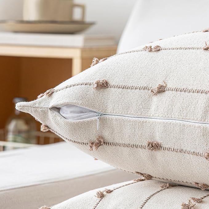 Boho Throw Pillow Covers 18x18 Set of 2 Modern Farmhouse Decorative Cushion Case Tufted Square Pillows Cover Neutral Pillow Cases Accent Pillowcase for Sofa,Couch,Bed,Beige and Khaki