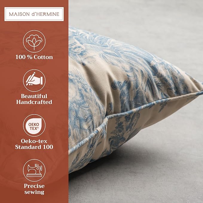 Maison d' Hermine Decorative Pillow Covers 18 x 18 Inch Square 100% Cotton Throw pillow Covers with invisible Zipper Cushion Case for Living Room Couch, Chair, Sofas, Bedroom, Home (The Miller - Blue)