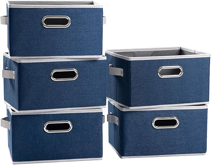 PRANDOM Fodable Storage Baskets for Closet [5-Pack] Decorative Fabric Storage Bins Cubes with Leather/Metal Handles for Shelves Bedroom Living Room Royal Blue (11.5x8.5x6.7 Inch)