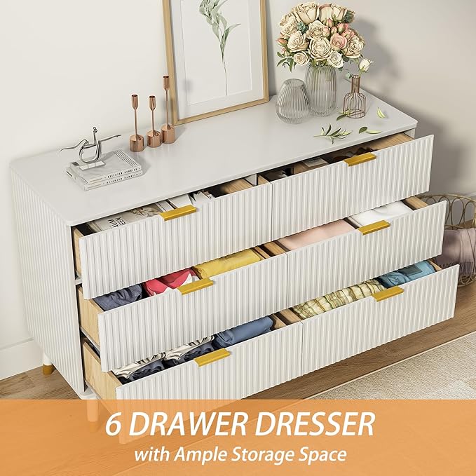 White Dresser for Bedroom, Fluted 6 Drawer Dresser with Gold Metal Handles, Modern Chest of Drawers for Living Room, Bedroom, White