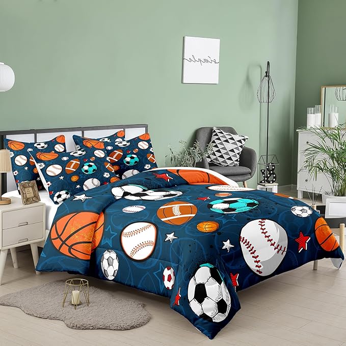Tailor Shop Sports Boys Comforter Sets Full Size,Sports Bedding Sets for Boys Kids Teens Football Basketball Baseball Ball with 2 Pillowcase……