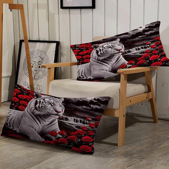 Kids Tiger Comforter Set Twin Size, White Tiger Wild Animal 2 Pcs Animal Print Bedding for Kids and Adults Beautiful 3D Red Rose Flower and Tiger Print Soft Comforter Set for Bedroom Bed Decor