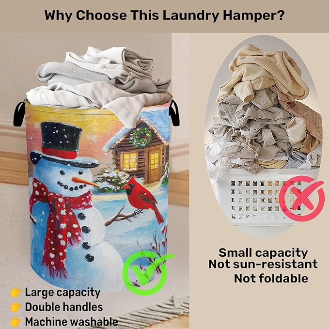 Snowman Cardinal Large Clothes Hamper Bag - Laundry Basket with Handles, Space Saving Foldable Design for Nursery