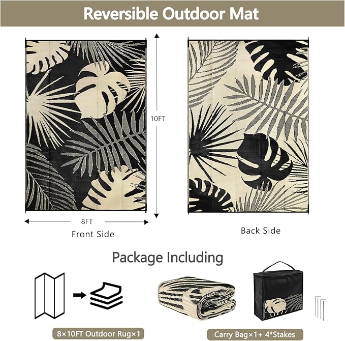 Waterproof Outdoor Rug 8x10 ft, Reversible Plastic Straw Mat with Leaf Pattern, Large Floor Mat for Patio, Camping, Picnic, Backyard RV, Deck, Black