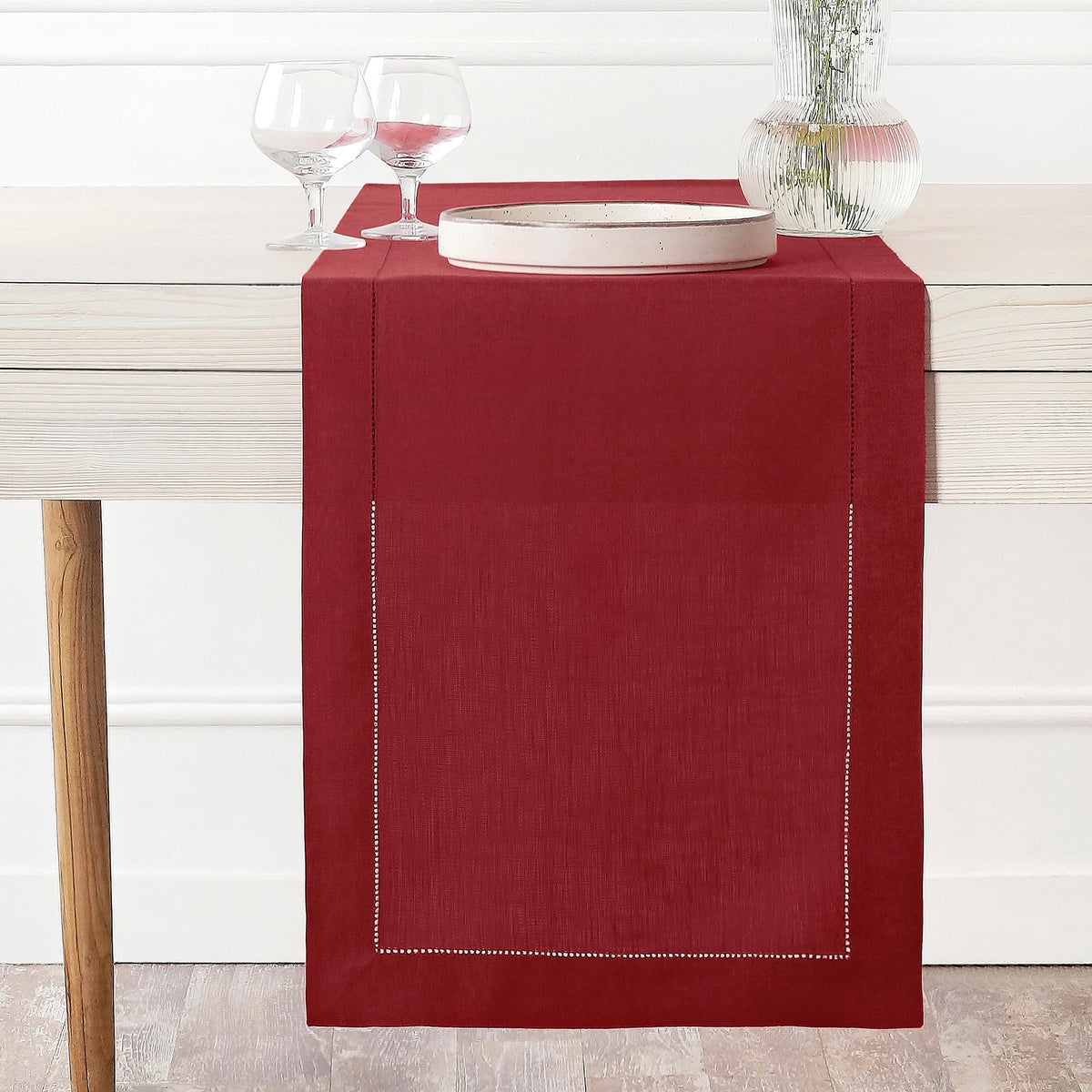 D'Moksha Homes Linen Red Table Runner 36 Inches - 100% Pure Linen Small Table Runner 14 x 36 Inch Ideal for Dresser, Coffee Tables, Fall and Halloween - Classic Hemstitch - Classic Hemstitch