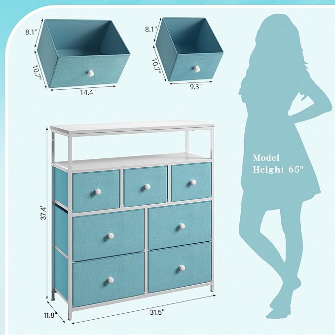 EnHomee Dresser for Bedroom with 7 Drawers and 2 Shelves，Tv Stand for Bedroom，Green Small Dresser for Closet，Hallway，Entryway，Dormitory，Clothing Storage