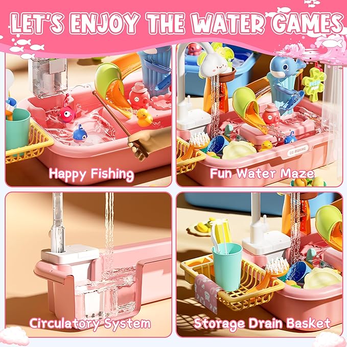 Water Table for Toddlers 1-3, Water Table for Kids Ages 4-8 with Pump, Play Sink with Running Water, Kitchen Sink for Toddlers, Fishing Game and Outside Sensory Toys (Pink)