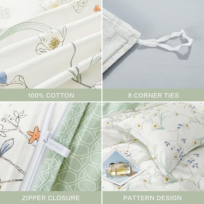 SAPHREAS White Floral Duvet Cover Set King Size 3pcs Botanical Magnolia Flower Bedding Comforter Cover Set 100% Cotton 1 Duvet Cover 104"x90" 2 Pillow Shams, Comforter Not Included