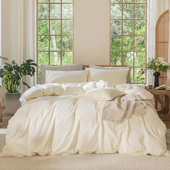 MooMee Bedding Duvet Cover Set 100% Washed Cotton Linen Like Textured Breathable Durable Soft Comfy (Solid Cream White, Super Queen 90"x98")