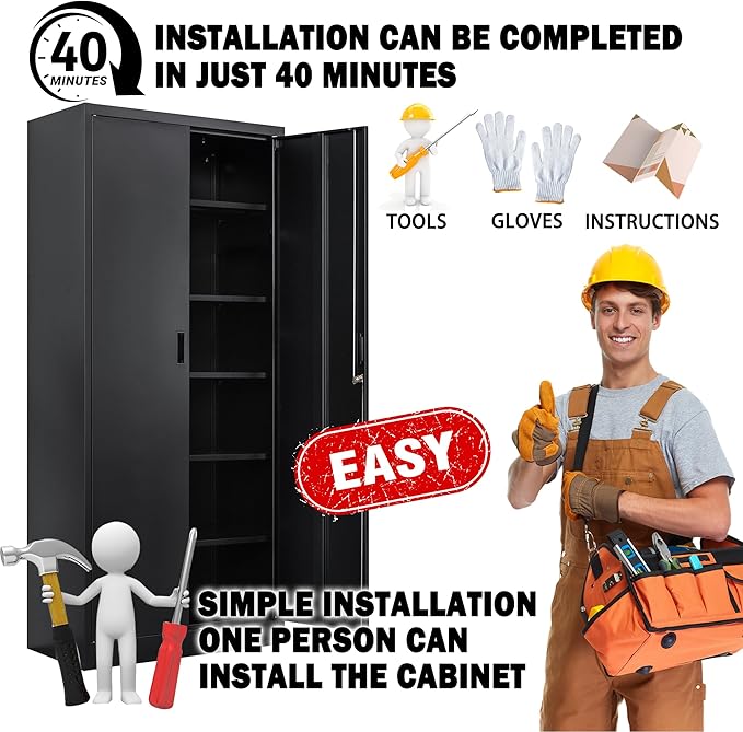 Metal Garage Storage Cabinets，71” Tall Metal File Cabinet with 5 Adjustable Shelves, Lockable Storage Cabinets for Office, Home, Garage, Warehouse 71" H x 31.5" W x 15.8" D (Black)