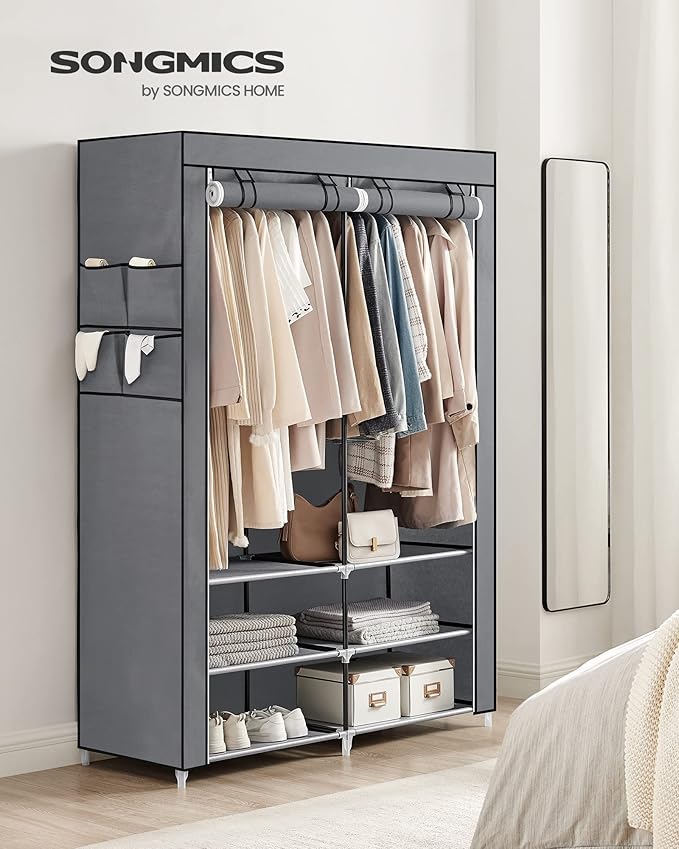 SONGMICS Portable Closet Wardrobe with Shoe Rack and Cover, Closet Storage Organizer, 2 Hanging Rods, Shelves, and 4 Side Pockets, 50 x 17.7 x 69.3 Inches, Spacious for Bedroom, Gray URYG008G02