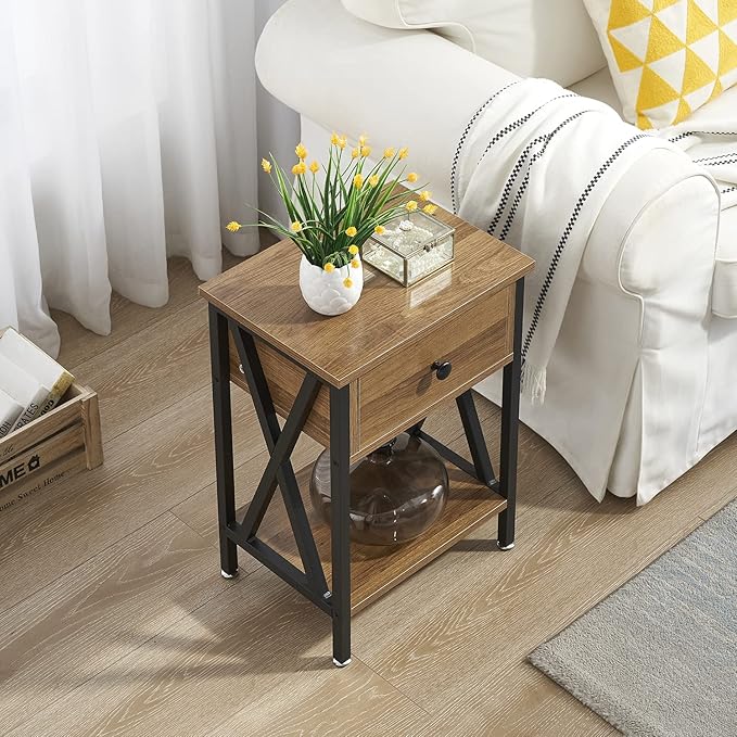 VECELO Nightstand,Modern Bedside End Table, Night Stand with Drawer and Storage Shelf for Living Room Bedroom, Industrial Metal Frame