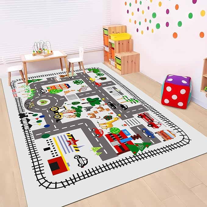 Kids Car Playmat, Kids Rug for Playroom Car Mat Town City Road Traffic Rugs, Play Mat for Floor, Extra Large Boys Kid Car Track Play Rug (Style Five, 78.7X 59 INCH)