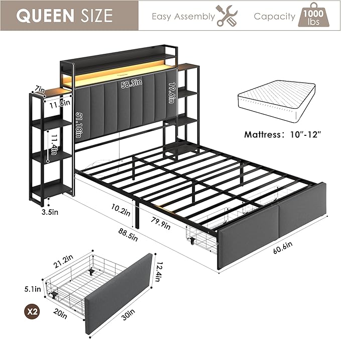 Keyluv Queen Bed Frame with Storage Headboard & 2 Drawers, Upholstered LED Platform Bed with Charging Station & Bedside Storage Rack, Metal Slat Support, No Box Spring Needed, Linen Fabric, Black