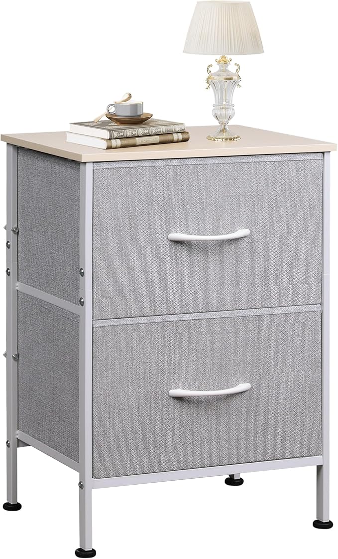 WLIVE Nightstand, Nightstand with 2 Drawers, Bedside Furniture, Night Stand, Small Dresser for Bedroom, College Dorm, End Table with Fabric Bins, Dormitory, Light Grey, Size L