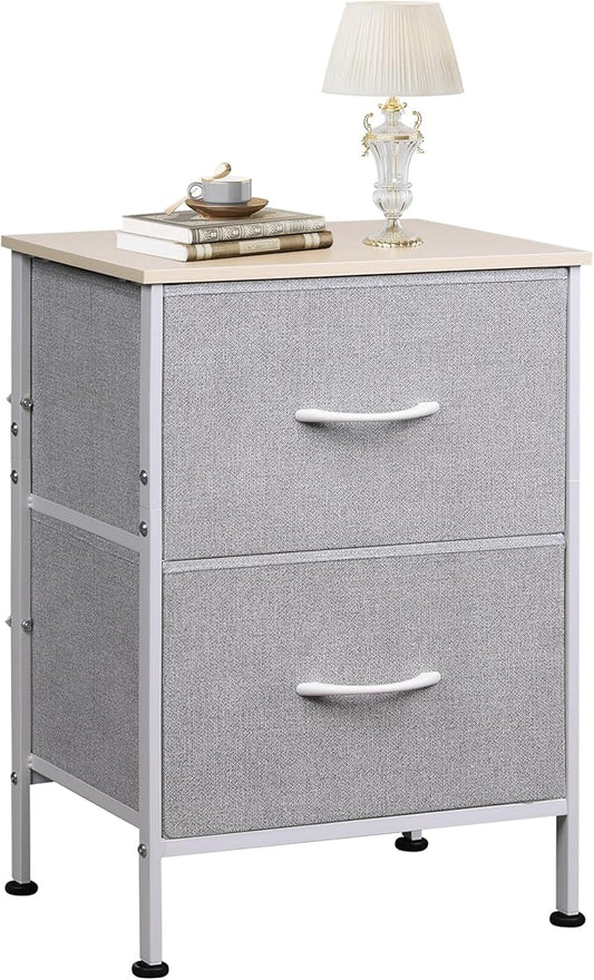 WLIVE Nightstand, Nightstand with 2 Drawers, Bedside Furniture, Night Stand, Small Dresser for Bedroom, College Dorm, End Table with Fabric Bins, Dormitory, Light Grey, Size L