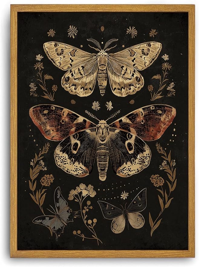 Djmwtb Vintage Framed Wall Art Moth Canvas Wall Art Prints Gothic Paintings Botanical Aesthetic Pictures Wall Decor Artwork for Living Room Bedroom Bathroom Office 16x24in