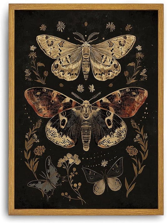 Djmwtb Vintage Framed Wall Art Moth Canvas Wall Art Prints Gothic Paintings Botanical Aesthetic Pictures Wall Decor Artwork for Living Room Bedroom Bathroom Office 16x24in