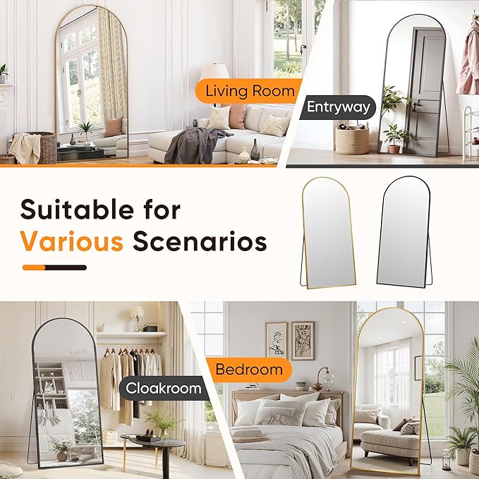 Suidia Full Length Mirror, 58"x19" Floor Standing Mirror Freestanding, Full Body Mirrors with Stand for Bedroom, Hanging Mounted for Living Room Cloakroom, Gold, Arched Style