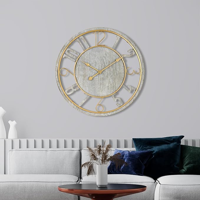 Sorbus 24-Inch Large Wall Clock – Wooden Decorative Clock for Living Room, Kitchen, Bedroom, Office – Easy to Hang Analog Wall Art (Grey)