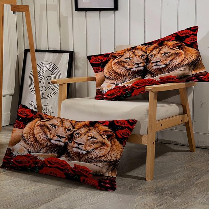 Kids Adults 3D Animal Comforter Set Full, Soft Wildlife Lion Red Rose Print Bedding Set Theme Design Animal Print Bedding Set for Kids Youth Adults, Modern Brown Lion Quilt Cover Decor Room