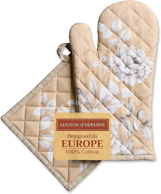 Maison d' Hermine 100% Cotton Oven Mitt & Pot Holder Set (7.5"x13" & 8"x8") Heat Resistant BBQ Cooking Gloves with Loop for Thanksgiving Christmas Decorations Handling Hot Pans (Pretty Autumn)