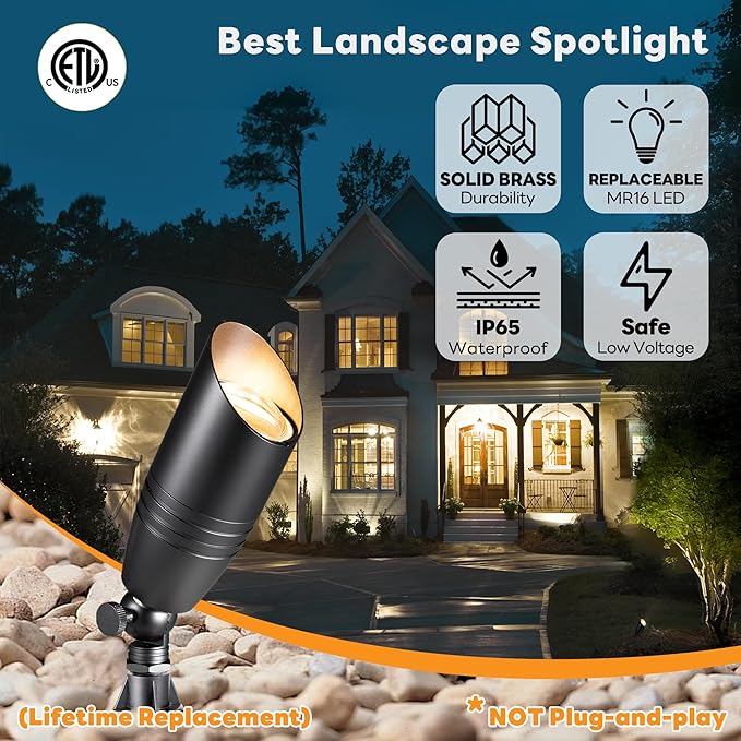 Low Voltage Spot Lights - Black Solid Brass Landscape Spotlight Wired, 12V Outdoor LED Bullet Uplights, Waterproof Electric Black for Patio Wall Without MR16 Bulb (6 Pack)