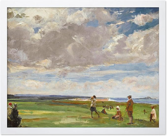 Poster Master Vintage Lady Astor Playing Golf at North Berwick Painting Poster - Retro Golf Course Print - Golf Art - Sports Art - Landscape Art - Office or Living Room Decor, 16x20 White Framed