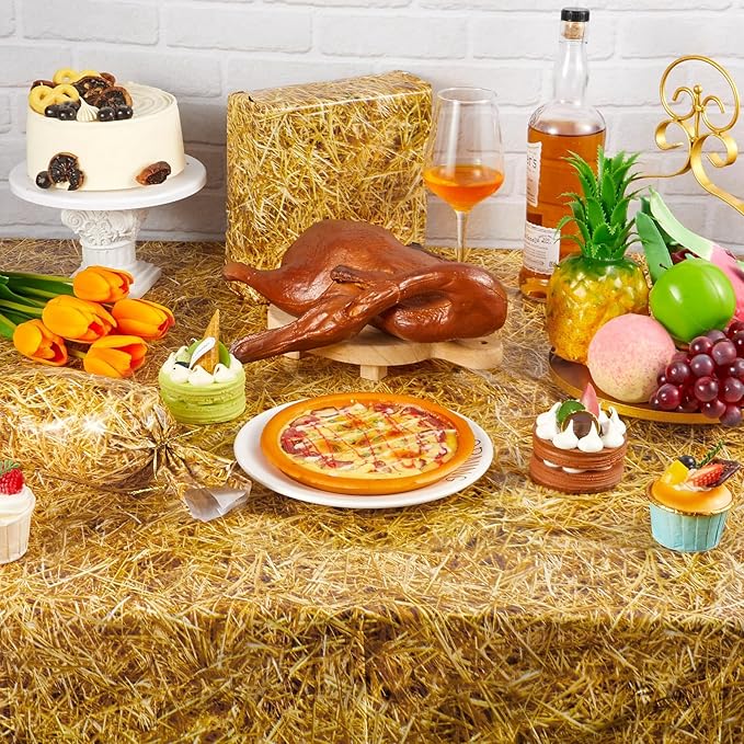 Preboun 82 ft Hay Bales Decor Hay Table Cloth Roll Large Straw Wall Backdrop Party Decorations Disposable Plastic Cloths for Western Cowboy Farm Halloween Party Supplies