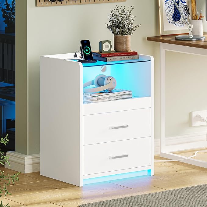 VIAGDO White Nightstand with Charging Station and LED Lights, 2 Drawers LED Night Stand with Tempered Glass Tabletop, Modern End Side Tables with Pull-Out Tray, Open Storage Bedside Tables