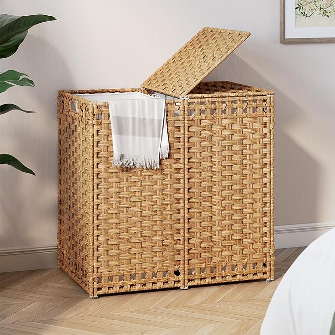 170L Foldable Laundry Hamper with Lid - Handwoven Rattan Storage Basket, 2-Section Clothes Hamper w/2 Removable Liner Bags, Easy Assembly, Portable for Bedroom Bathroom Dorm,Natural
