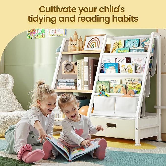 Kids Bookshelf and Toy Storage Organizer: Book Shelf for Kids Room with Drawer to Store Books and Toys Organizer - 3 Tier Toddler Bookshelf with 3 Side Pockets for Nursery, Bedroom (Burlywood)
