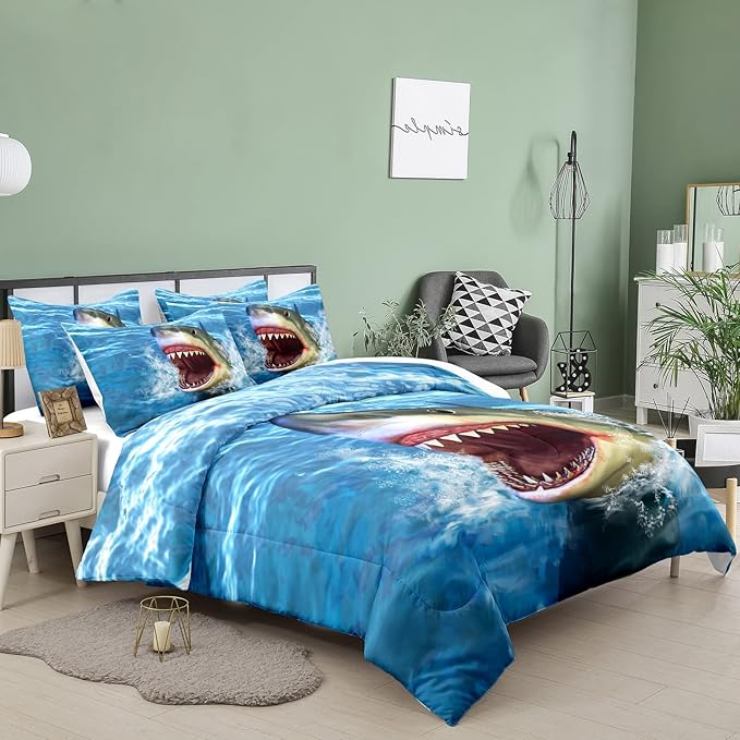 Tailor Shop Big Shark Comforter Set for Boys Teens Shark Open Big Mouth Blue Ocean Comforter Shark Bedding Set Twin Size with 1 Comforter 1 Pillowcase…