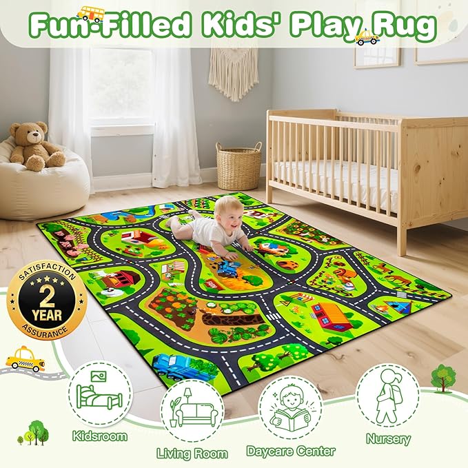 Kids Farm Play Rug, 4x6 Ft Happy Farm Activity Playmat, Extra Thick (0.4in) - Non-Slip Car Rugs for Kids' Toy Cars, Educational Play Mat Race Track Carpet for Kid's Room, Bedroom and Learning