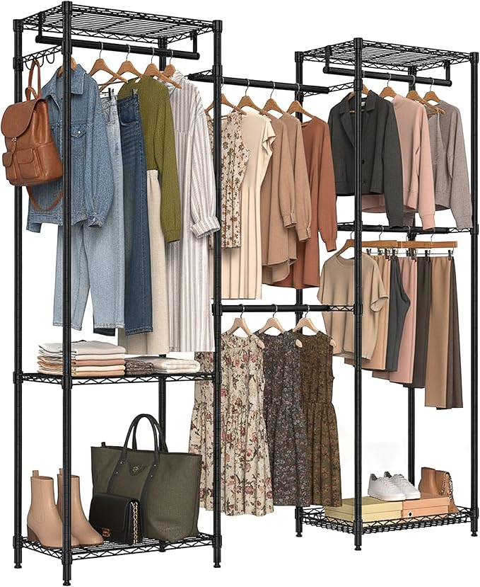 Freestanding Closet System, Large Free Standing Closet Rack Organizer for Hanging Clothes Adjustable Metal Wire Clothing Rack with 5 Shelves & 5 Rods, Black