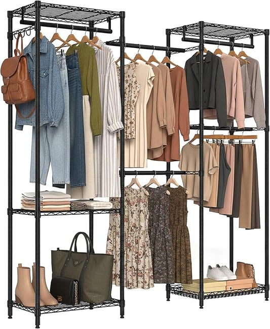Freestanding Closet System, Large Free Standing Closet Rack Organizer for Hanging Clothes Adjustable Metal Wire Clothing Rack with 5 Shelves & 5 Rods, Black