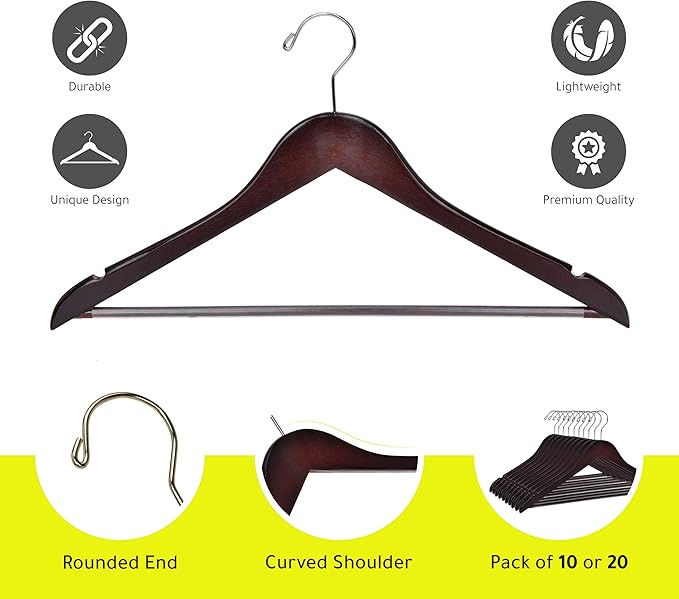 Quality Wooden Hangers - Slightly Curved Hanger Set in 10-Pack - Solid Wood Coat Hangers with Stylish Chrome Hooks - Heavy-Duty Clothes, Jacket, Shirt, Pants, Suit Hangers (Mahogany, 10)