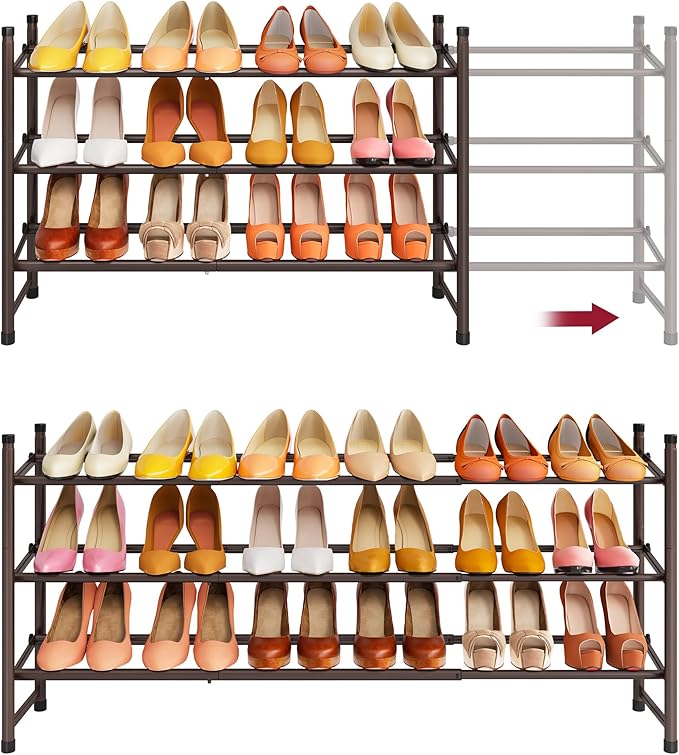 Tajsoon 3 Tier Expandable Shoe Rack for Closet, 28“-41“Adjustable & Stackable Shoe Shelf Storage, Metal Shoe Rack Organizer for Front Door Entrance, Closet, Garage, Entryway, Bronze
